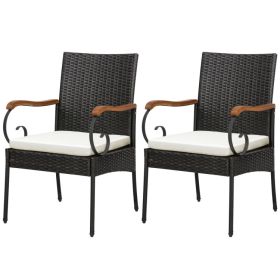 Set of 2/4 Outdoor PE Wicker Chair with Acacia Wood Armrests (size: Set of 2)