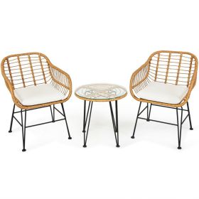 3 Pieces Rattan Furniture Set with Cushioned Chair Table (Color: White)