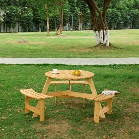 Outdoor 6 Person Picnic Table, 6 person Round Picnic Table with 3 Built-in Benches, Umbrella Hole, Outside Table and Bench Set for Garden, Backyard (Color: Natural, Person: 6)