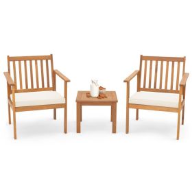3 Pieces Patio Wood Furniture Set with soft Cushions for Porch (Color: White)