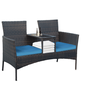 Outdoor Patio Loveseat Modern Rattan 2-Seat Patio Conversation Set with Cushions & Built-in Coffee Table Porch Furniture for Garden Lawn Backyard (Color: Light Blue)