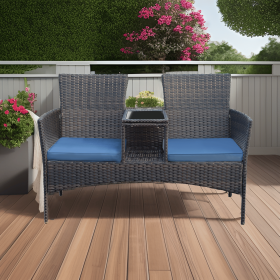 Outdoor Patio Loveseat Modern Rattan 2-Seat Patio Conversation Set with Cushions & Built-in Coffee Table Porch Furniture for Garden Lawn Backyard (Color: Blue)