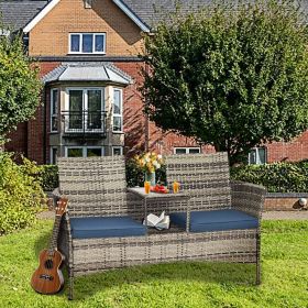 Outdoor Patio Loveseat Modern Rattan 2-Seat Patio Conversation Set with Cushions & Built-in Coffee Table Porch Furniture for Garden Lawn Backyard (Color: Gray)