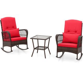 3 Pieces Rocking Bistro Set with 2-Tier Coffee Table (Color: Red)