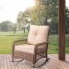 Modern Porch Wicker Rocking Chair for Outdoor Patio,All Weather Rattan Rocker,Brown Rattan, Beige Cushion