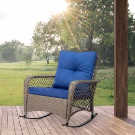 Modern Porch Wicker Rocking Chair for Outdoor Patio,All Weather Rattan Rocker,Brown Rattan, Beige Cushion (Color: Blue)