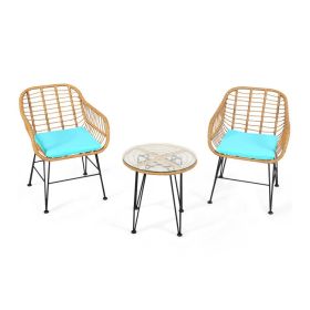 3 Pieces Rattan Furniture Set with Cushioned Chair Table (Color: Turquoise)