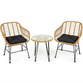 3 Pieces Rattan Furniture Set with Cushioned Chair Table (Color: Black)