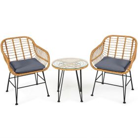 3 Pieces Rattan Furniture Set with Cushioned Chair Table (Color: Gray)