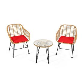 3 Pieces Rattan Furniture Set with Cushioned Chair Table (Color: Red)