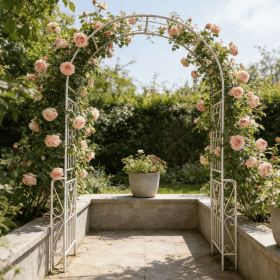 Metal Garden Arch W55'' x H94.5'' Garden Arbor Trellis Climbing Plants Support Rose Arch Outdoor Arch (Color: CREAM WHITE)