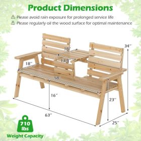 Outdoor Fir Wood Bench with Foldable Middle Table (Color: Natural)