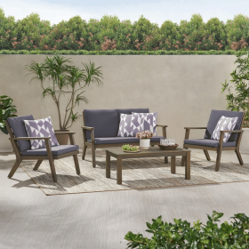 Temecula Outdoor Acacia Wood 4-Seater Chat Set_Loveseat&Coffee Table&2 Club Chairs - Gray Finish + Dark Gray Cushion (Color: as Pic)
