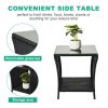Outdoor Patio Wicker Side Table, Square End Table Bistro Coffee Table with Glass Top Storage Shelf for Porch Garden Backyard
