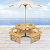 Outdoor 6 Person Picnic Table, 6 person Round Picnic Table with 3 Built-in Benches, Umbrella Hole, Outside Table and Bench Set for Garden, Backyard